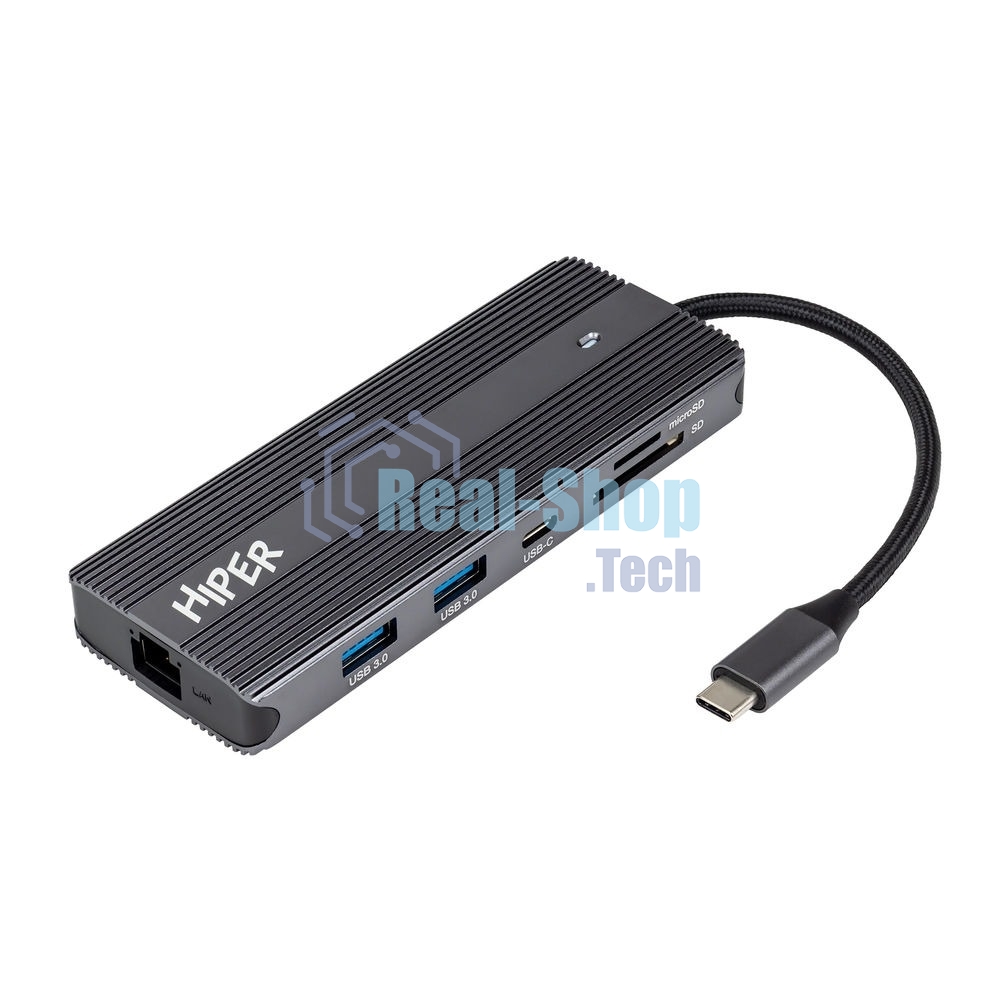 USB-концентратор HIPER Docking station USB-C HUB 11in1 (1*USB-C 100W PD, 1*HDMI 4K@60Hz, 2*DP 4K@60Hz, 2*USB-A 3.0 (5Gbps data), 1*USB-C 3.0 (5Gbps data), 1*microSD, 1*SD, 1*3.5мм audio, 1*RJ45 GB)