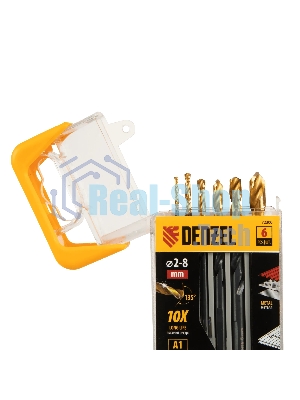 Набор сверл по металлу Denzel 2-3-4-5-6-8 мм, HSS-Tin, Golden Tip, 6 шт