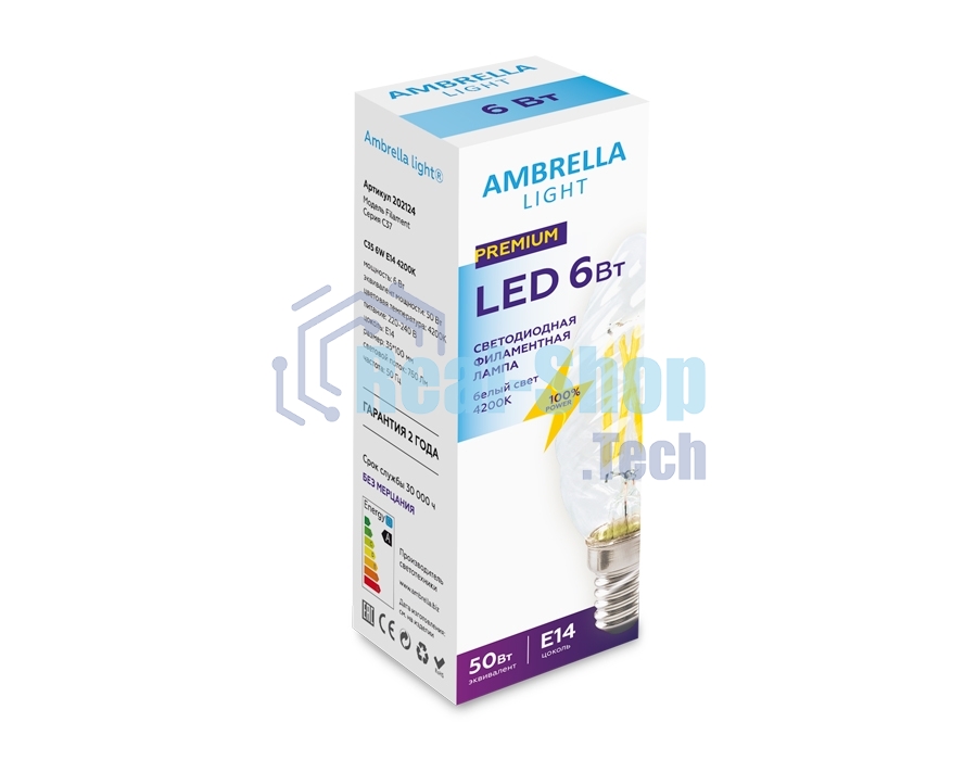 Светодиодная лампа Ambrella light 202124 Filament LED C35 6W E14 4200K (50W) 220-240V