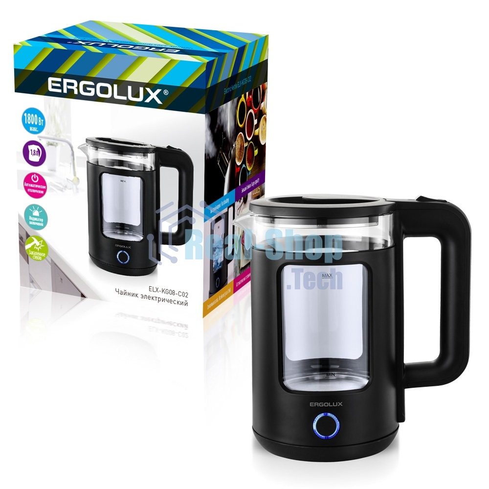 Чайник электрический ELX-KG08-C02 стекло/пластик 1.8л 220-240В 1800Вт черный Ergolux 15333