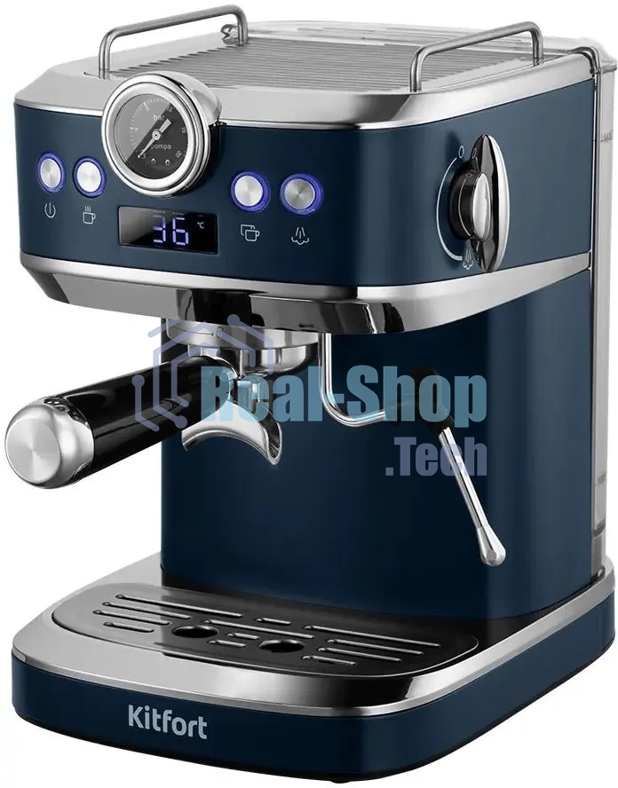 Кофеварка рожковая Kitfort КТ-7429 синий/нержавеющая сталь, исп. кофе - молотый, 1,5 л, 1360 Вт, 20 бар