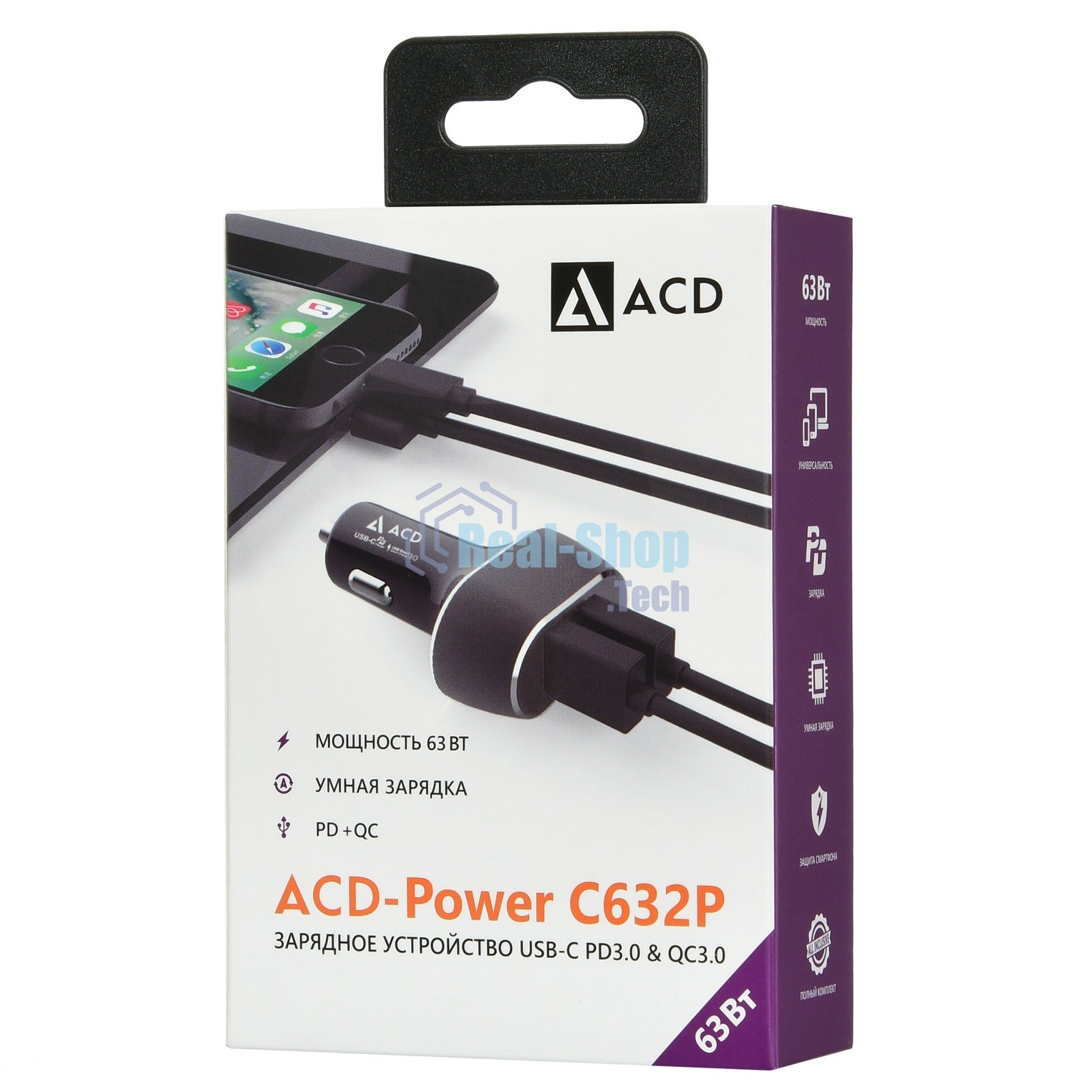 Автомобильное ЗУ ACD 63Вт, 2xUSB 1PD+1QC, 3.6~20В/3А RTL