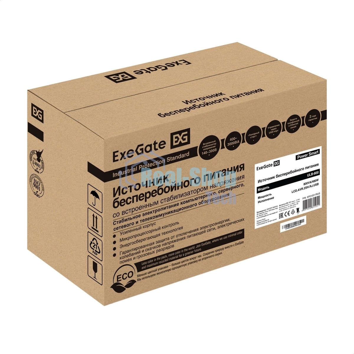 Источник бесперебойного питания ExeGate Power Smart ULB-800 LCD / 800 ВА / 480 Вт / 2 x CEE 7 (евророзетка)