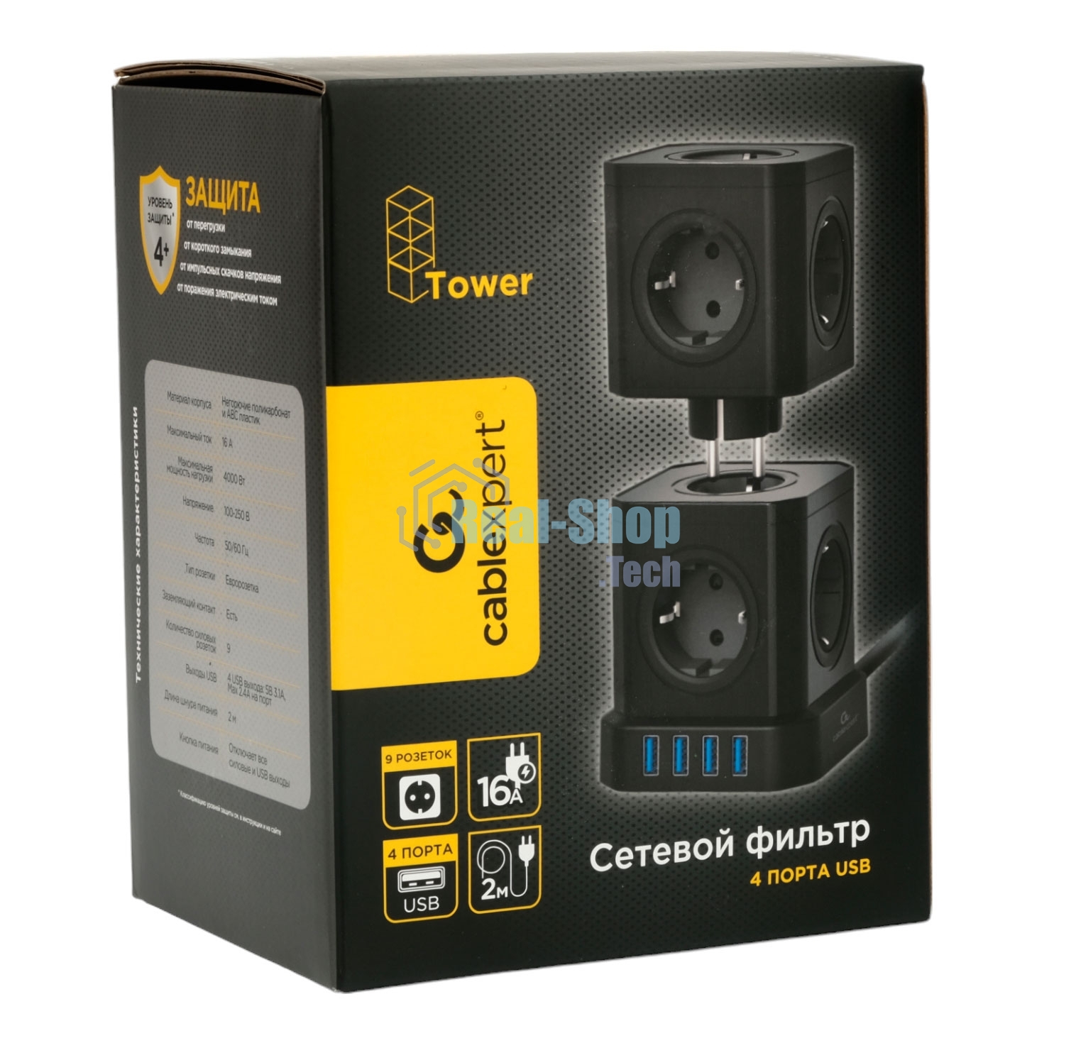 Сетевой фильтр Cablexpert Tower TWR-9-U4-B-2, 9 р, 16А, 4хUSB, 3.1А, 2 м, ур.защиты 4+, черный, коробка