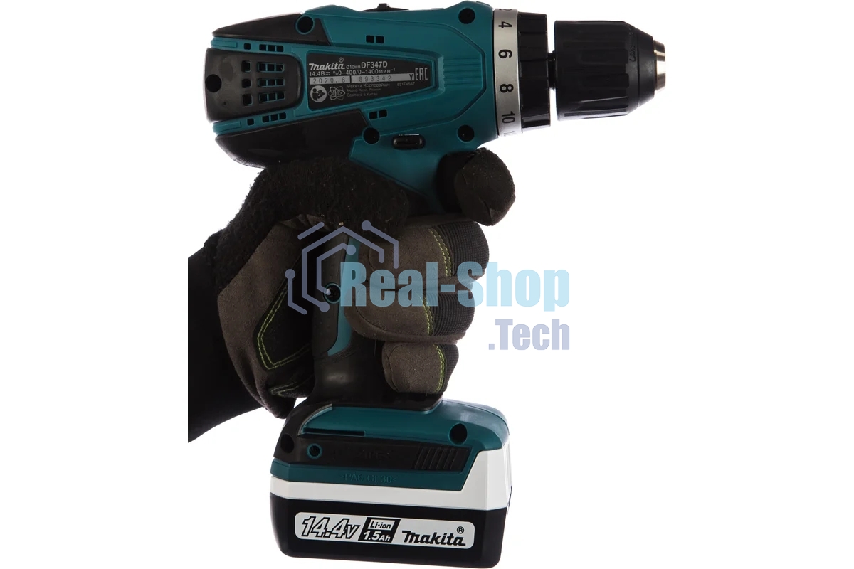 Дрель-шуруповерт Makita DF347DWE Дрель ак, 14.4В,2х1.5Ач Li-ion,БЗП-10мм,0-400\0-1400об\м,30\15Нм,1.4кг,чем,G-серия