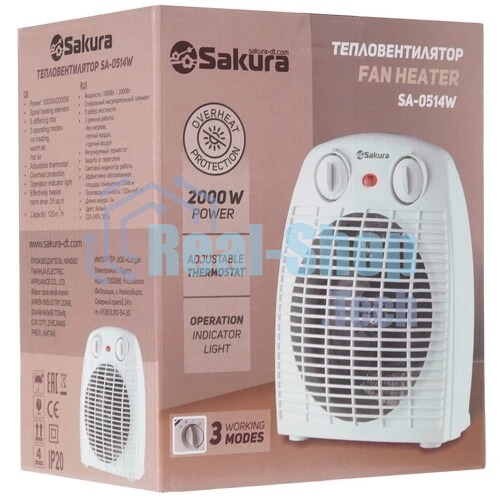 Тепловентилятор Sakura SA-0514W, белый, 2000 Вт, 25 м2, термостат