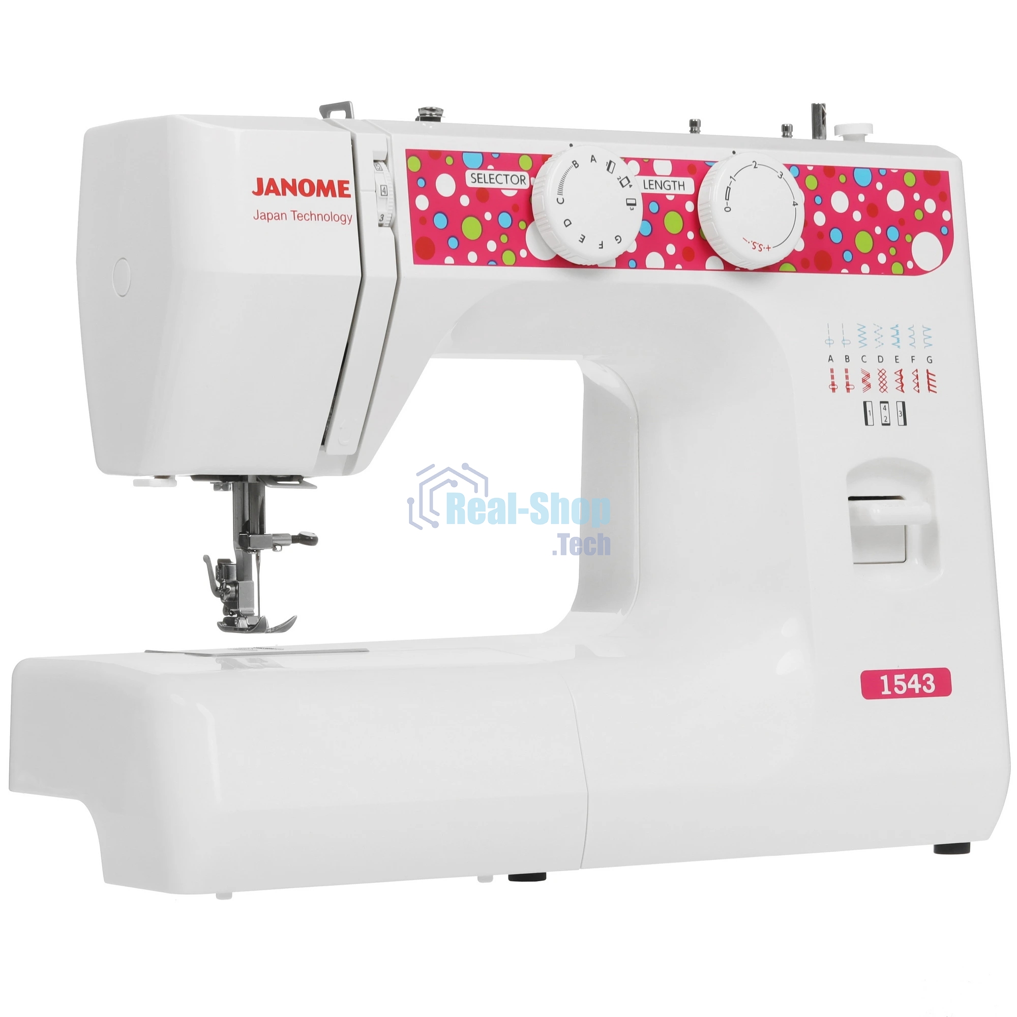 Швейная машина Janome 1543 белый/розовый, электромеханическая, вертикальный качающийся, 17 операций, петля полуавтомат