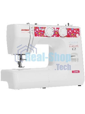 Швейная машина Janome 1543 белый/розовый, электромеханическая, вертикальный качающийся, 17 операций, петля полуавтомат