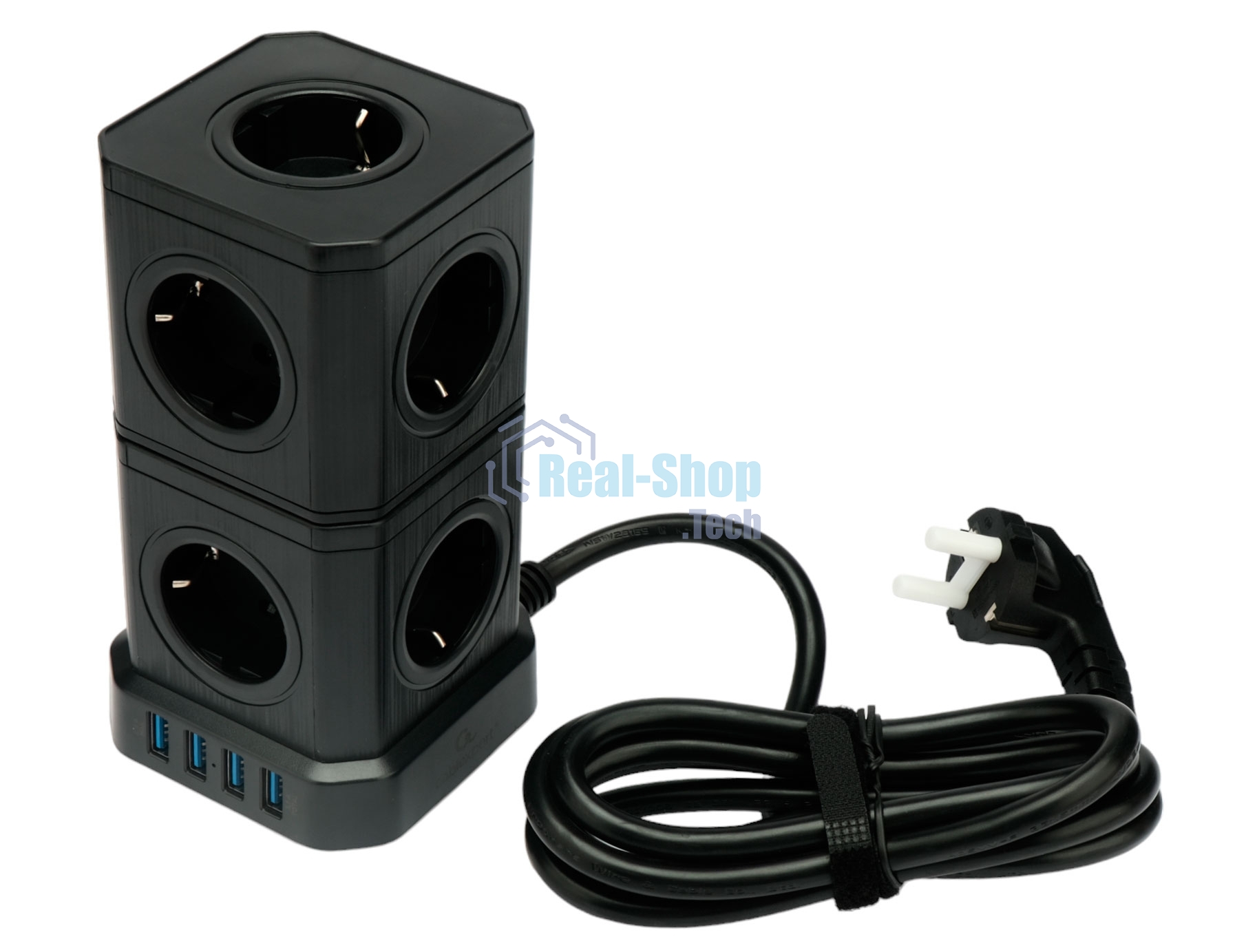 Сетевой фильтр Cablexpert Tower TWR-9-U4-B-2, 9 р, 16А, 4хUSB, 3.1А, 2 м, ур.защиты 4+, черный, коробка