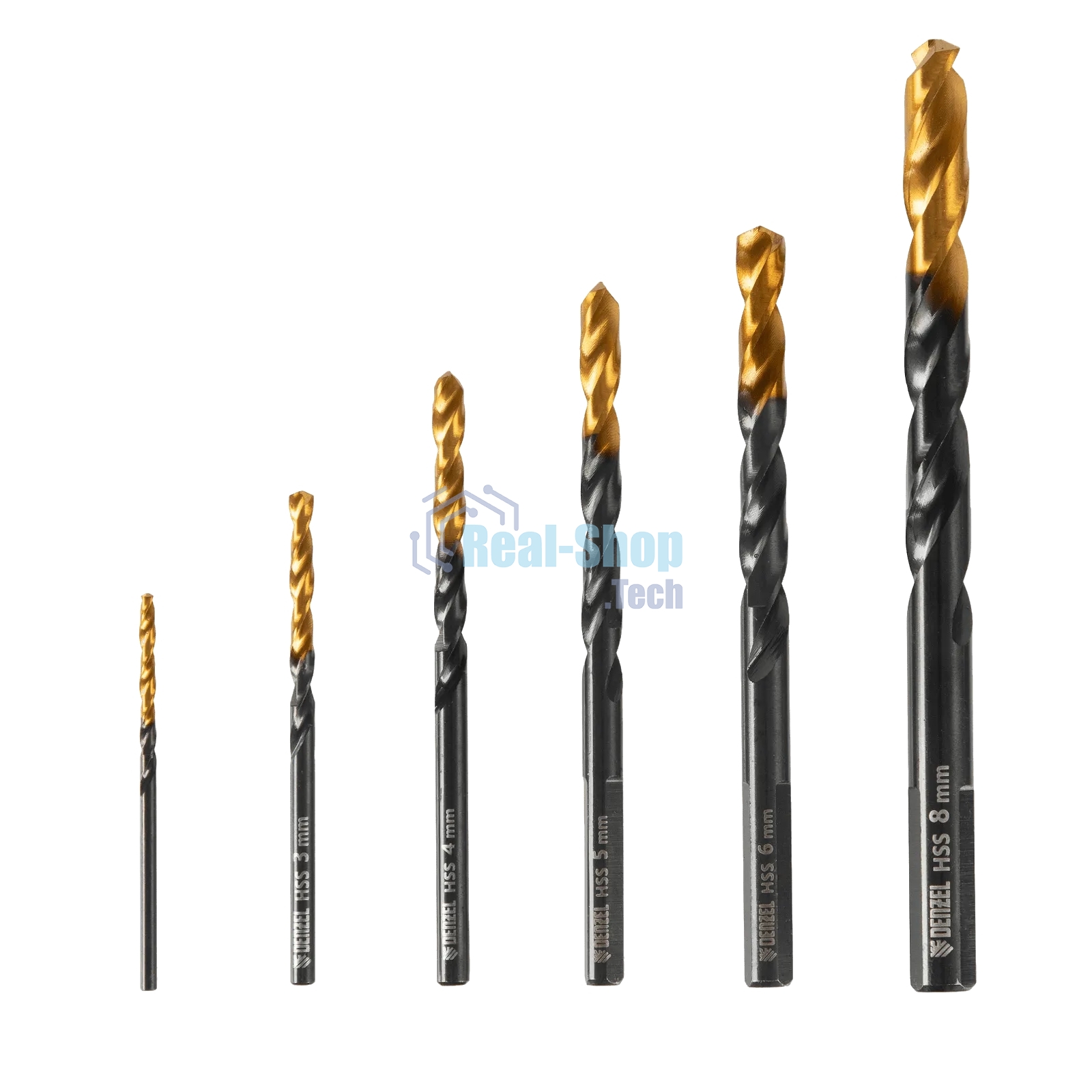 Набор сверл по металлу Denzel 2-3-4-5-6-8 мм, HSS-Tin, Golden Tip, 6 шт