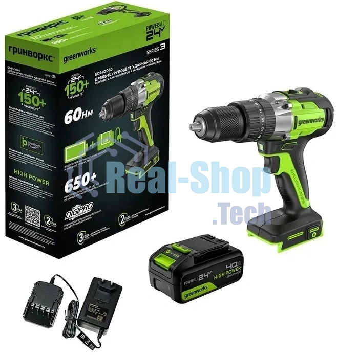 Дрель-шуруповерт GREENWORKS GD24DD60, 24 В, 0 Ач, 60 Нм, бесщеточный, ударный