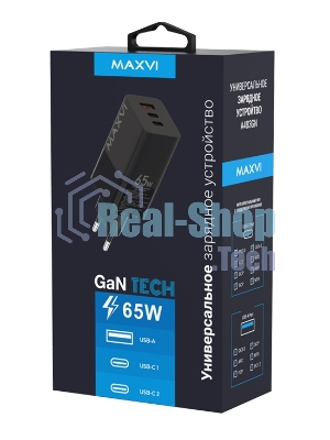 Сетевое зарядное устройство Maxvi A483GN 65W, 1xUSB-A, 2xUSB-C, черный