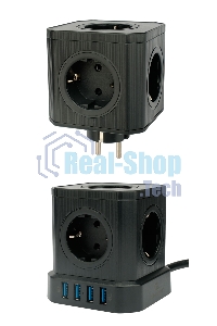 Сетевой фильтр Cablexpert Tower TWR-9-U4-B-2, 9 р, 16А, 4хUSB, 3.1А, 2 м, ур.защиты 4+, черный, коробка