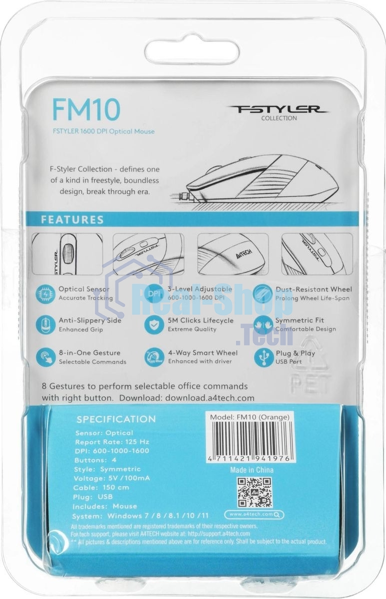 Мышь проводная A4Tech Fstyler FM10 черный/оранжевый, 1600 dpi, USB, кнопки - 4