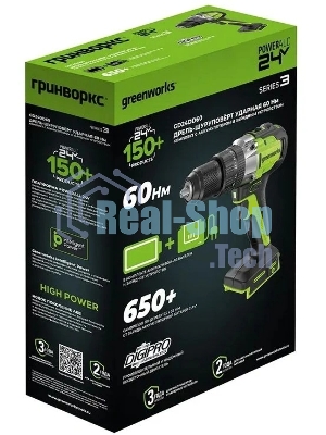 Дрель-шуруповерт GREENWORKS GD24DD60, 24 В, 0 Ач, 60 Нм, бесщеточный, ударный