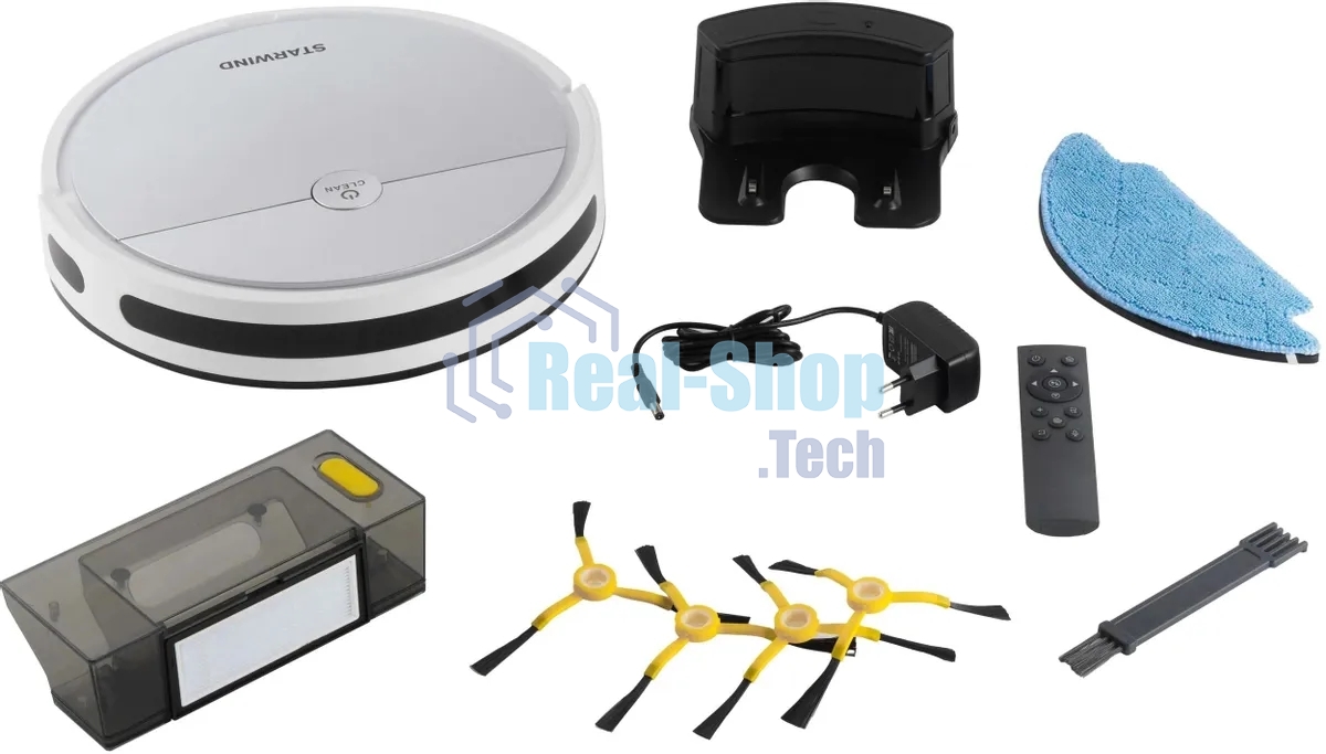 Робот-пылесос Starwind SRV4570 серебристый/белый, 15 Вт, 2000 мА·ч Li-Ion, уборка влажная/сухая, пылесборник контейнер 0.3 л