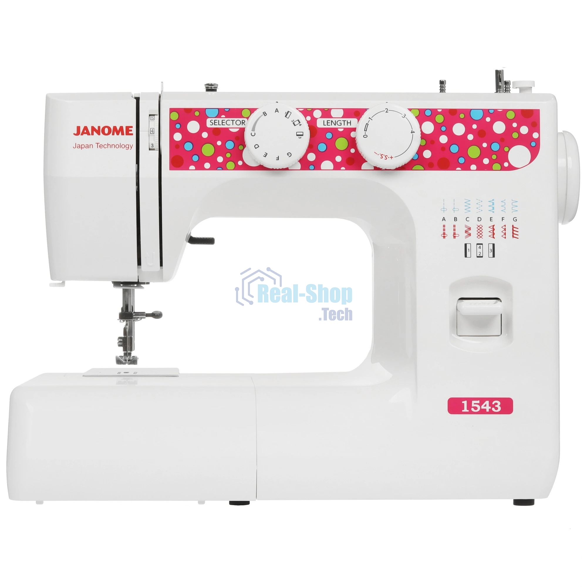 Швейная машина Janome 1543 белый/розовый, электромеханическая, вертикальный качающийся, 17 операций, петля полуавтомат
