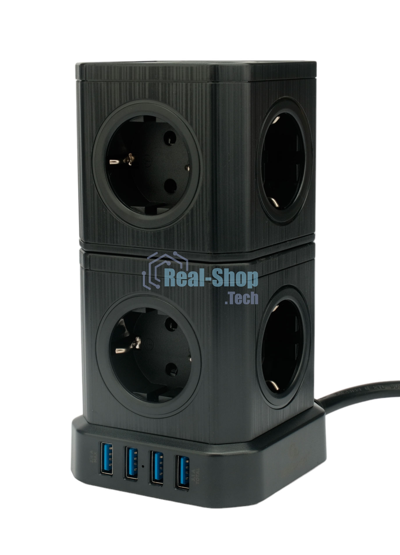 Сетевой фильтр Cablexpert Tower TWR-9-U4-B-2, 9 р, 16А, 4хUSB, 3.1А, 2 м, ур.защиты 4+, черный, коробка