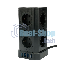 Сетевой фильтр Cablexpert Tower TWR-9-U4-B-2, 9 р, 16А, 4хUSB, 3.1А, 2 м, ур.защиты 4+, черный, коробка