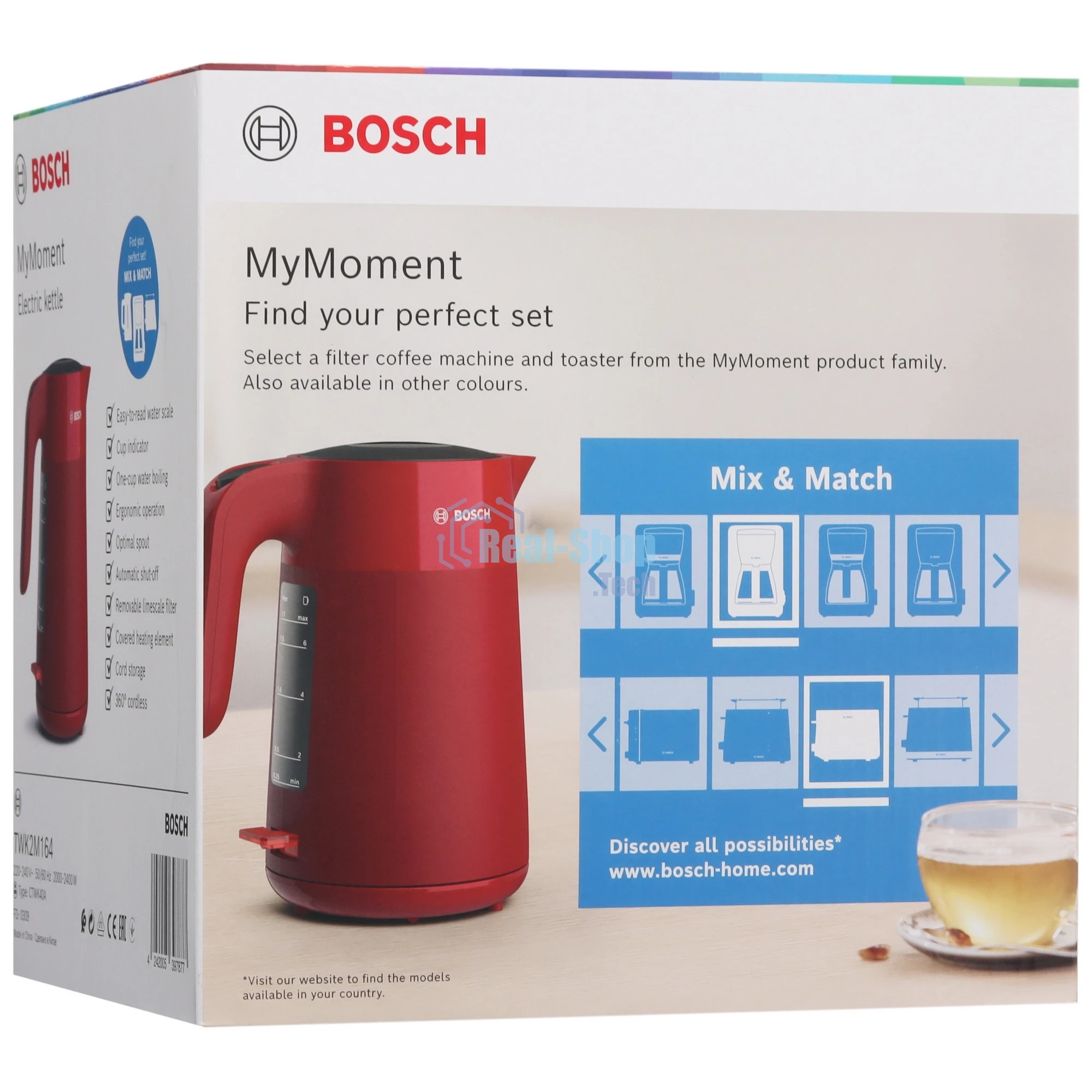 Электрочайник Bosch TWK2M164 красный, 1.7 л, 2400 Вт, скрытый нагревательный элемент