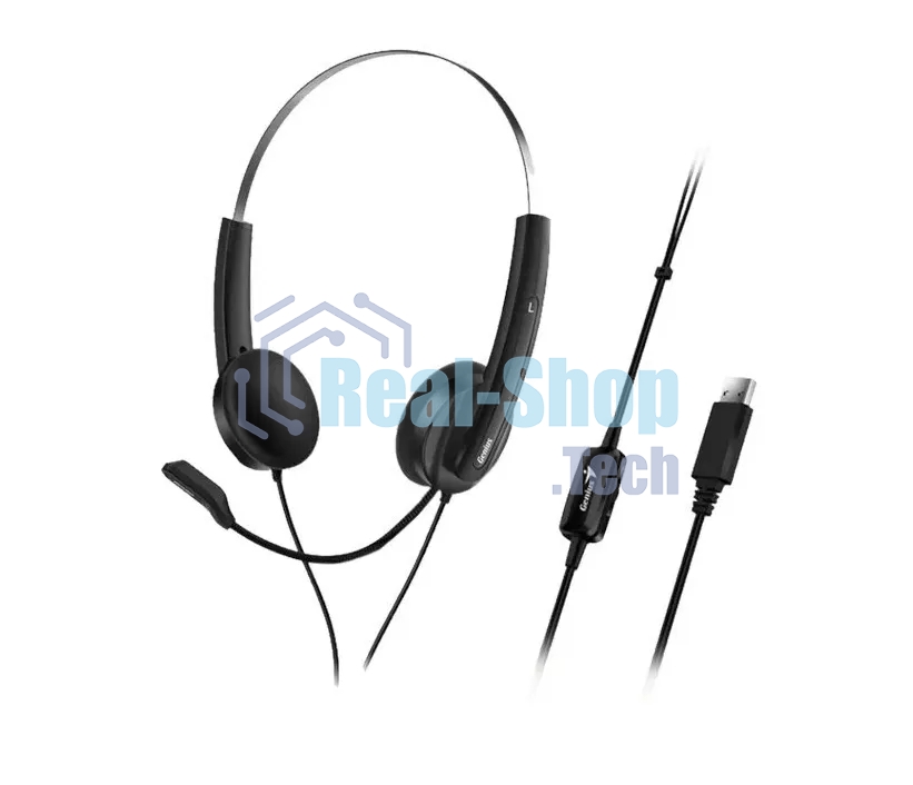 Гарнитура проводная Genius HS-220U, регулируемое оголовье, мягкие удобные амбушюры, выносной микрофон с шумоподавлением, пульт управления