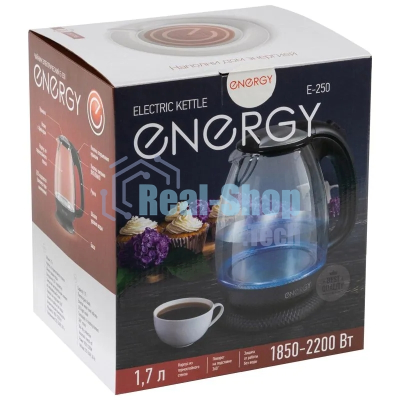 Чайник Energy E-250 (1.7 л) стекло/пластик черный