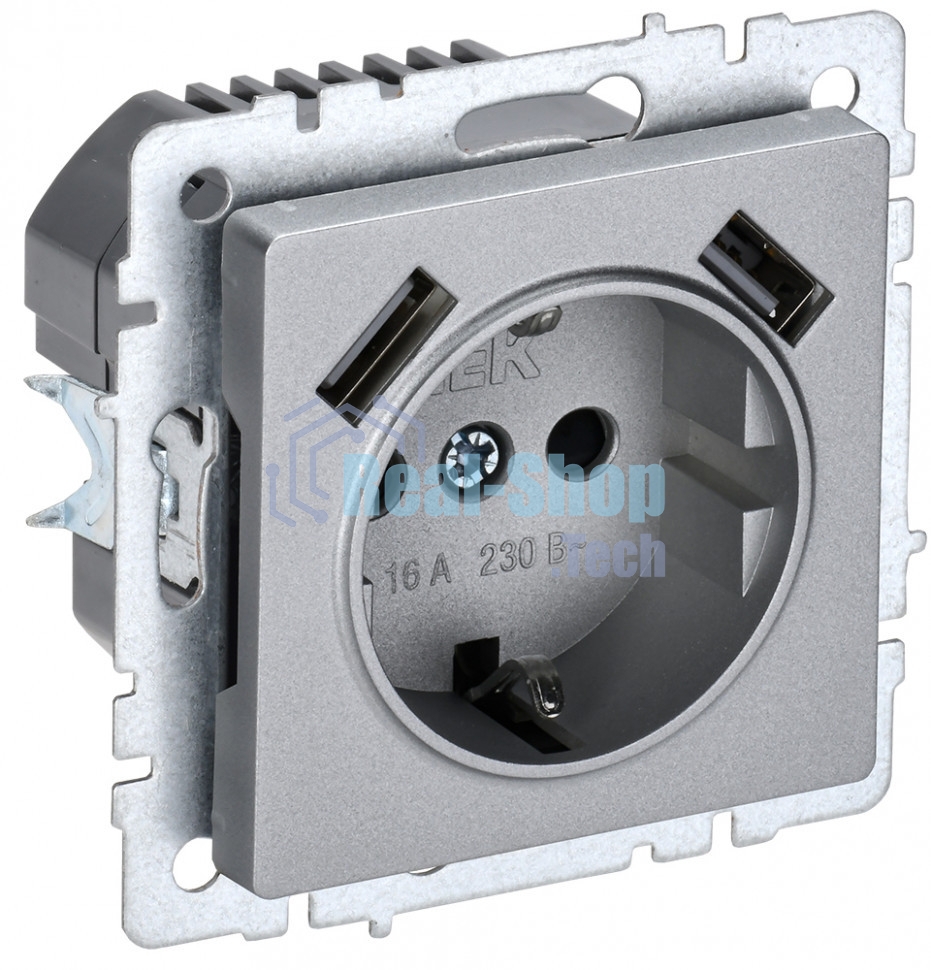 Розетка 1-местная IEK BRITE РЮш10-2-БрА (BR-R14-16-U21-D31-K47) с заземлением, с защитными шторками, 16А, с USB A+A 5В 3,1А, алюминий
