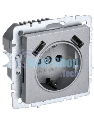 Розетка 1-местная IEK BRITE РЮш10-2-БрА (BR-R14-16-U21-D31-K47) с заземлением, с защитными шторками, 16А, с USB A+A 5В 3,1А, алюминий