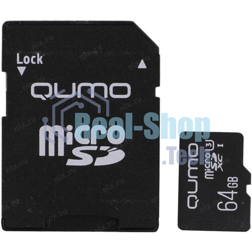 Флеш карта QUMO MicroSDXC 64Gb 90/45 МБ/с UHS-I U3, Pro seria 3.0, адаптер в комплекте SD, красная картонная упаковка