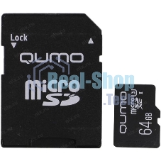 Флеш карта QUMO MicroSDXC 64Gb 90/45 МБ/с UHS-I U3, Pro seria 3.0, адаптер в комплекте SD, красная картонная упаковка