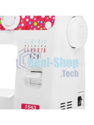 Швейная машина Janome 1543 белый/розовый, электромеханическая, вертикальный качающийся, 17 операций, петля полуавтомат