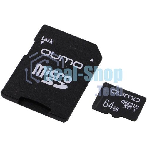 Флеш карта QUMO MicroSDXC 64Gb 90/45 МБ/с UHS-I U3, Pro seria 3.0, адаптер в комплекте SD, красная картонная упаковка