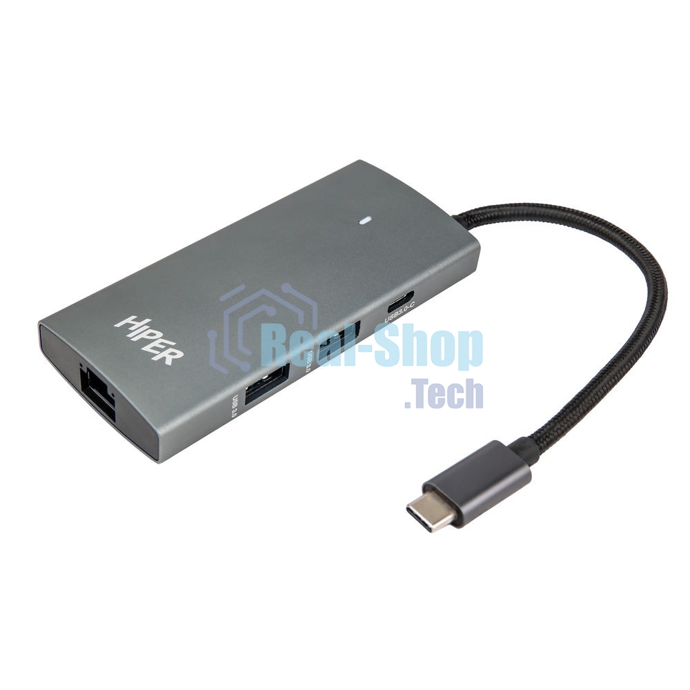 USB-концентратор HIPER Docking station USB-C HUB 6in1 (1*USB-C 100W PD, 1*HDMI 4K@60Hz, 2*USB-A 3.0 (5Gbps data), 1*USB-C 3.0 (5Gbps data), 1*RJ45 Gb)