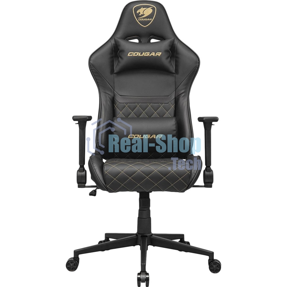 Кресло Cougar Armor One V2 Gold чёрный, экокожа, 120 кг, подголовник, регулируемые подлокотники, механизм качания