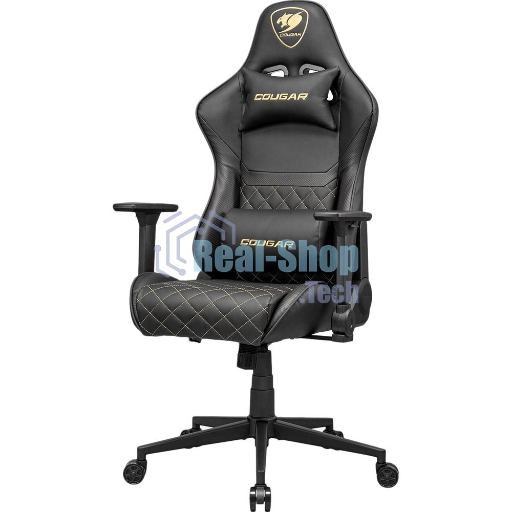 Кресло Cougar Armor One V2 Gold чёрный, экокожа, 120 кг, подголовник, регулируемые подлокотники, механизм качания