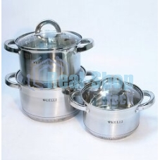 Набор посуды из нержавеющей стали со стеклянными крышками Kelli KL-4246 6 пред. 16 см -2,1; 18- см-2,9; 20 см-3,9 литра. 7-ми слойное капсульное дно. Индукция