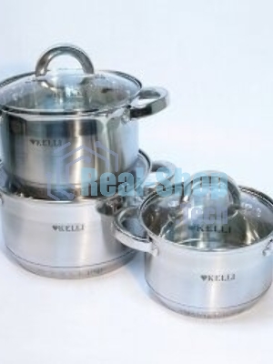 Набор посуды из нержавеющей стали со стеклянными крышками Kelli KL-4246 6 пред. 16 см -2,1; 18- см-2,9; 20 см-3,9 литра. 7-ми слойное капсульное дно. Индукция