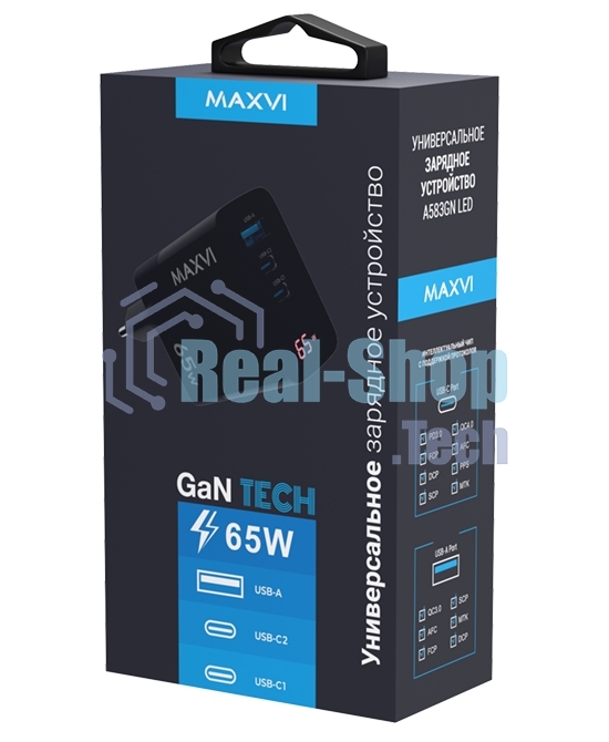Сетевое зарядное устройство Maxvi A583GN Type-C 65W + Type-C 40W + USB 22W, GAN, PD, QC, LED дисплей, черный