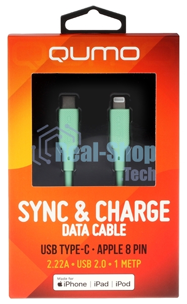 Кабель QUMO, MFI С94, Type-C на MFI Apple 8 pin, силиконовый, 1м, 2,22A, 9V, 20W, PD (зеленый)