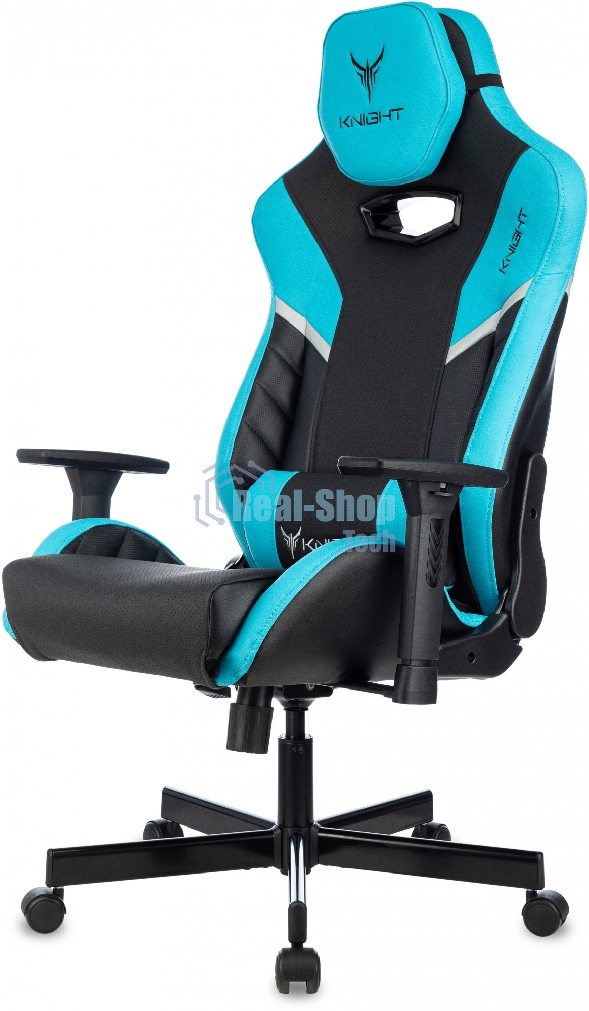 Кресло игровое Knight Thunder 5X черный/голубой эко.кожа крестов. металл