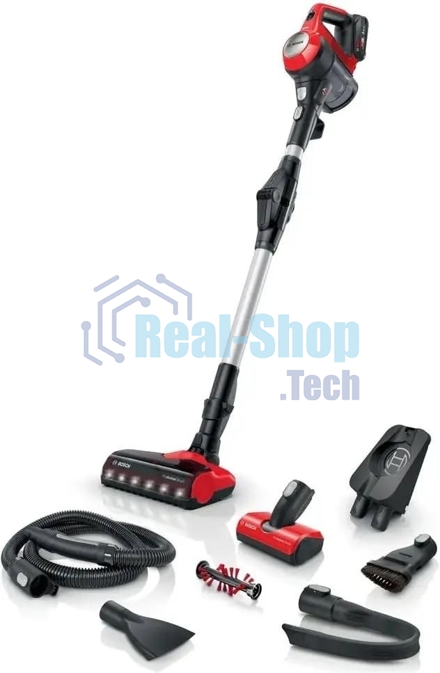 Пылесос вертикальный Bosch BCS711PET черный/красный, питание от аккумулятора, 18 Вт, уборка сухая, пылесборник контейнер 0.3 л