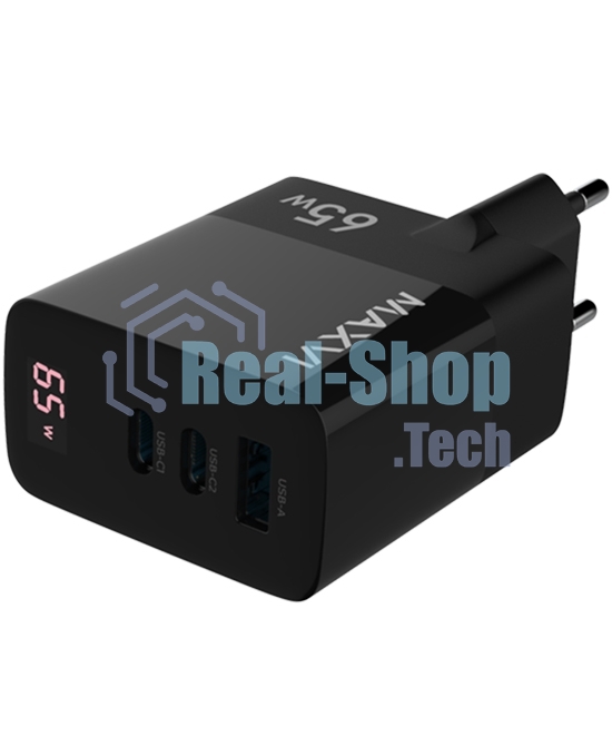 Сетевое зарядное устройство Maxvi A583GN Type-C 65W + Type-C 40W + USB 22W, GAN, PD, QC, LED дисплей, черный