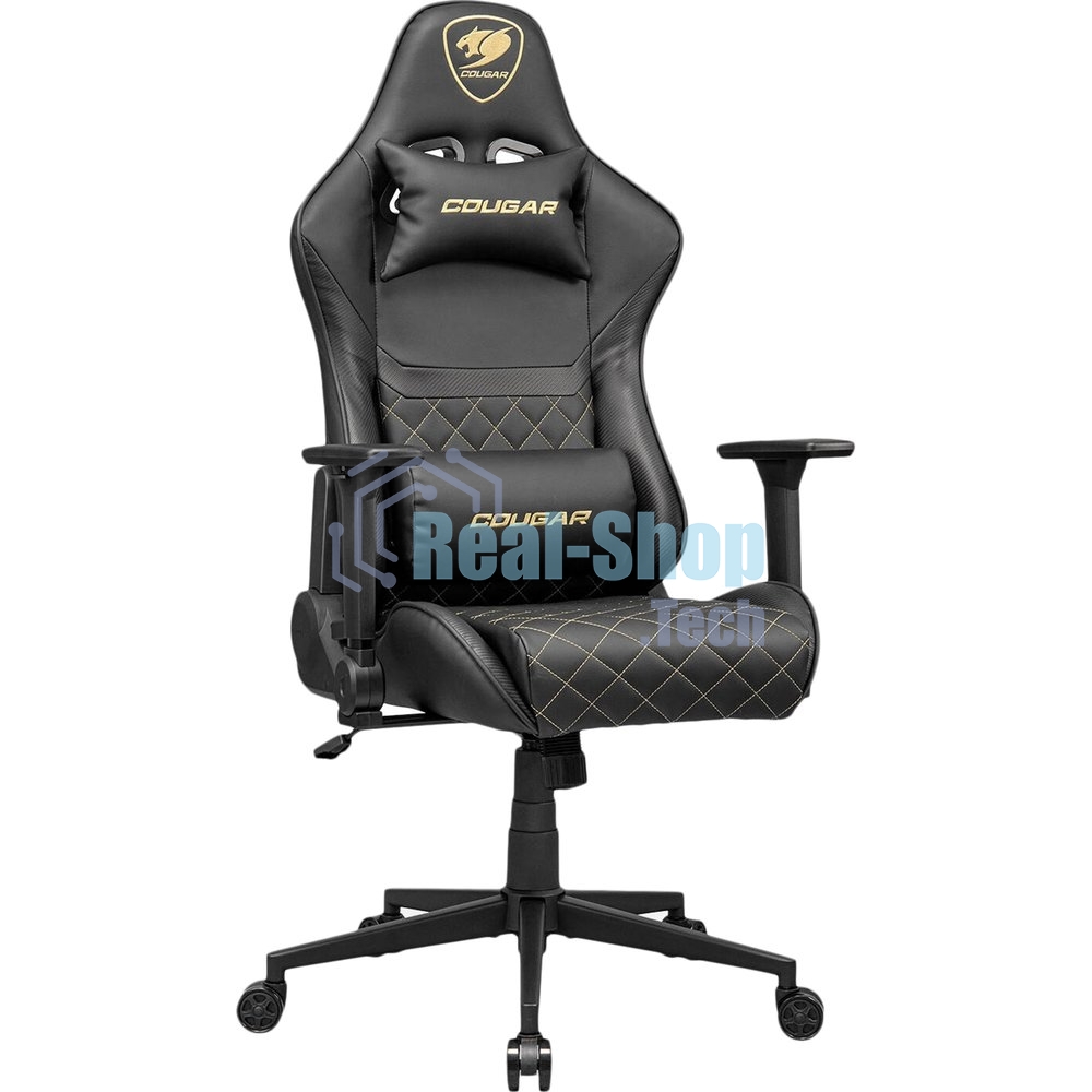 Кресло Cougar Armor One V2 Gold чёрный, экокожа, 120 кг, подголовник, регулируемые подлокотники, механизм качания