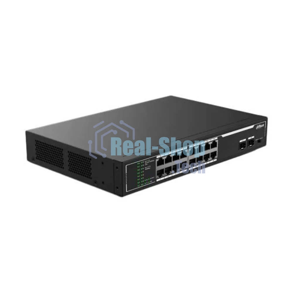 Неуправляемый 18-портовый коммутатор DAHUA DH-SF1018LP с РоЕ, 16xRJ45 100Mb PoE, 2xRJ45 1Gb, суммарно 135Вт, коммутация 7.2 Гбит/с, MAC-таблица 8К, металл