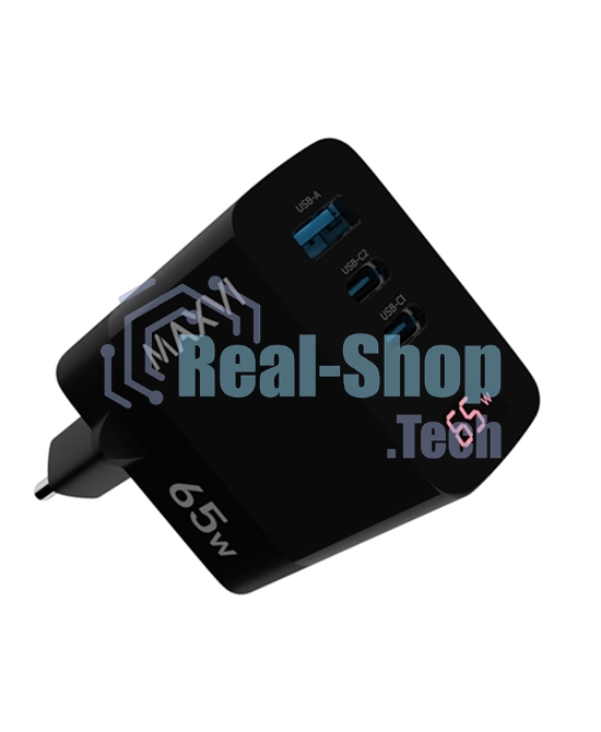 Сетевое зарядное устройство Maxvi A583GN Type-C 65W + Type-C 40W + USB 22W, GAN, PD, QC, LED дисплей, черный