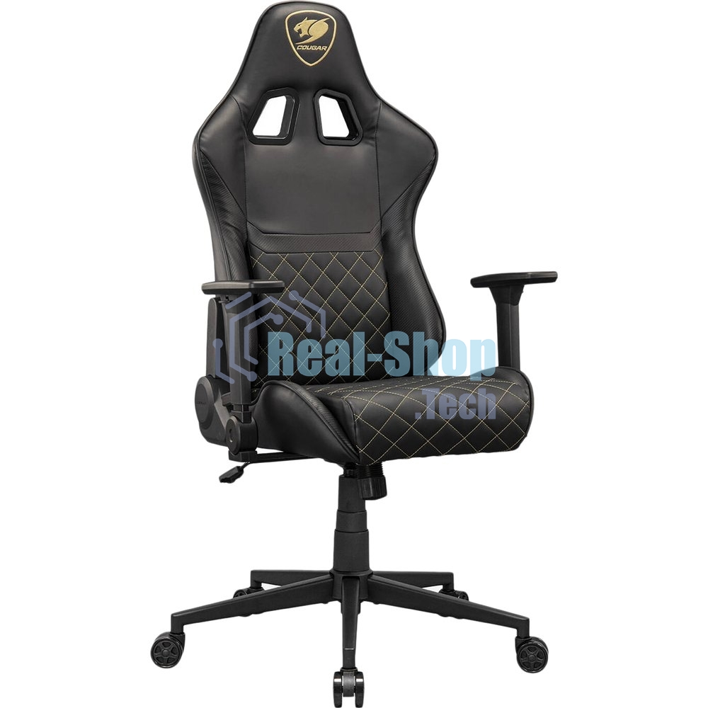 Кресло Cougar Armor One V2 Gold чёрный, экокожа, 120 кг, подголовник, регулируемые подлокотники, механизм качания