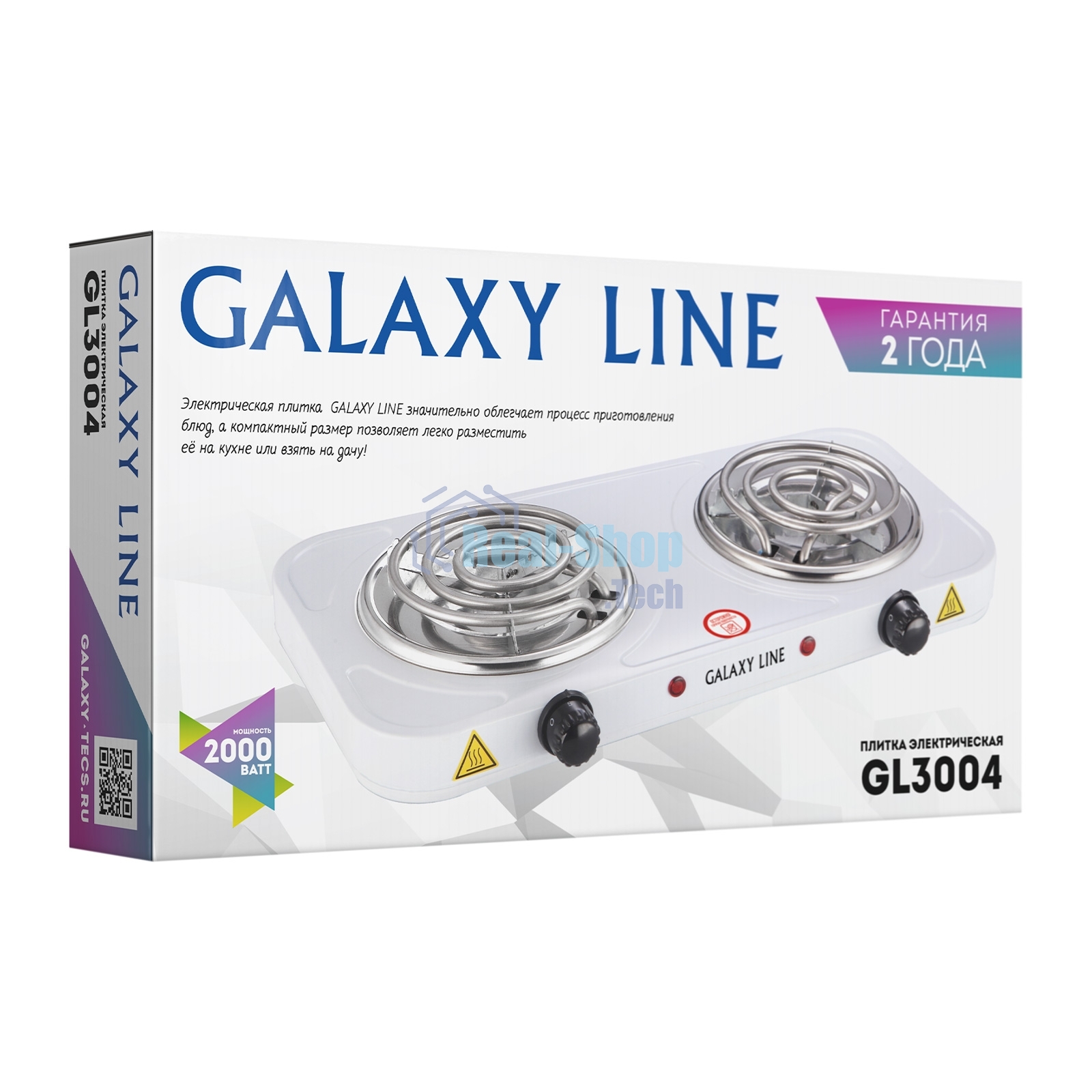 Плита настольная электрическая Galaxy Line GL 3004 белый, 2 кВт, ТЭН, конфорки - 2, эмаль, поворотные переключатели