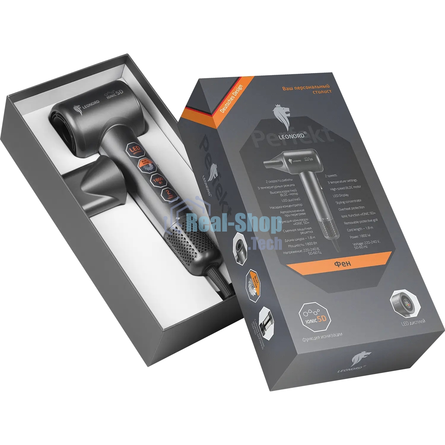 Фен LEONORD LE-1214 черный, 1800 Вт, ионизация