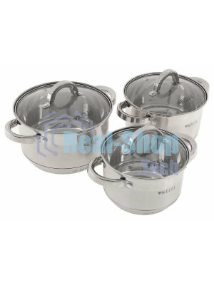 Набор посуды из нержавеющей стали со стеклянными крышками Kelli KL-4246 6 пред. 16 см -2,1; 18- см-2,9; 20 см-3,9 литра. 7-ми слойное капсульное дно. Индукция