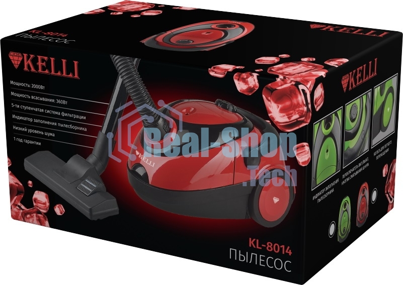 Пылесос Kelli KL-8014 красный/черный, 360/2000 Вт, уборка сухая, пылесборник мешок 1,5 л